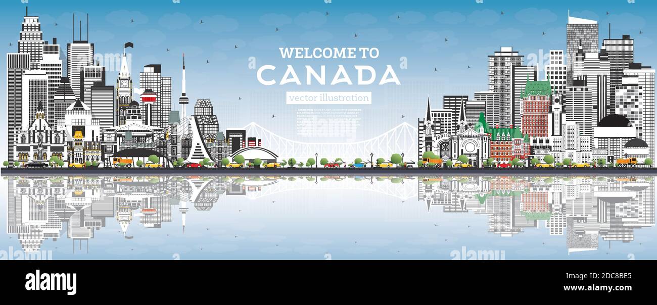 Bienvenue à Canada City Skyline avec bâtiments gris et ciel bleu. Illustration vectorielle. Concept avec architecture historique. Illustration de Vecteur