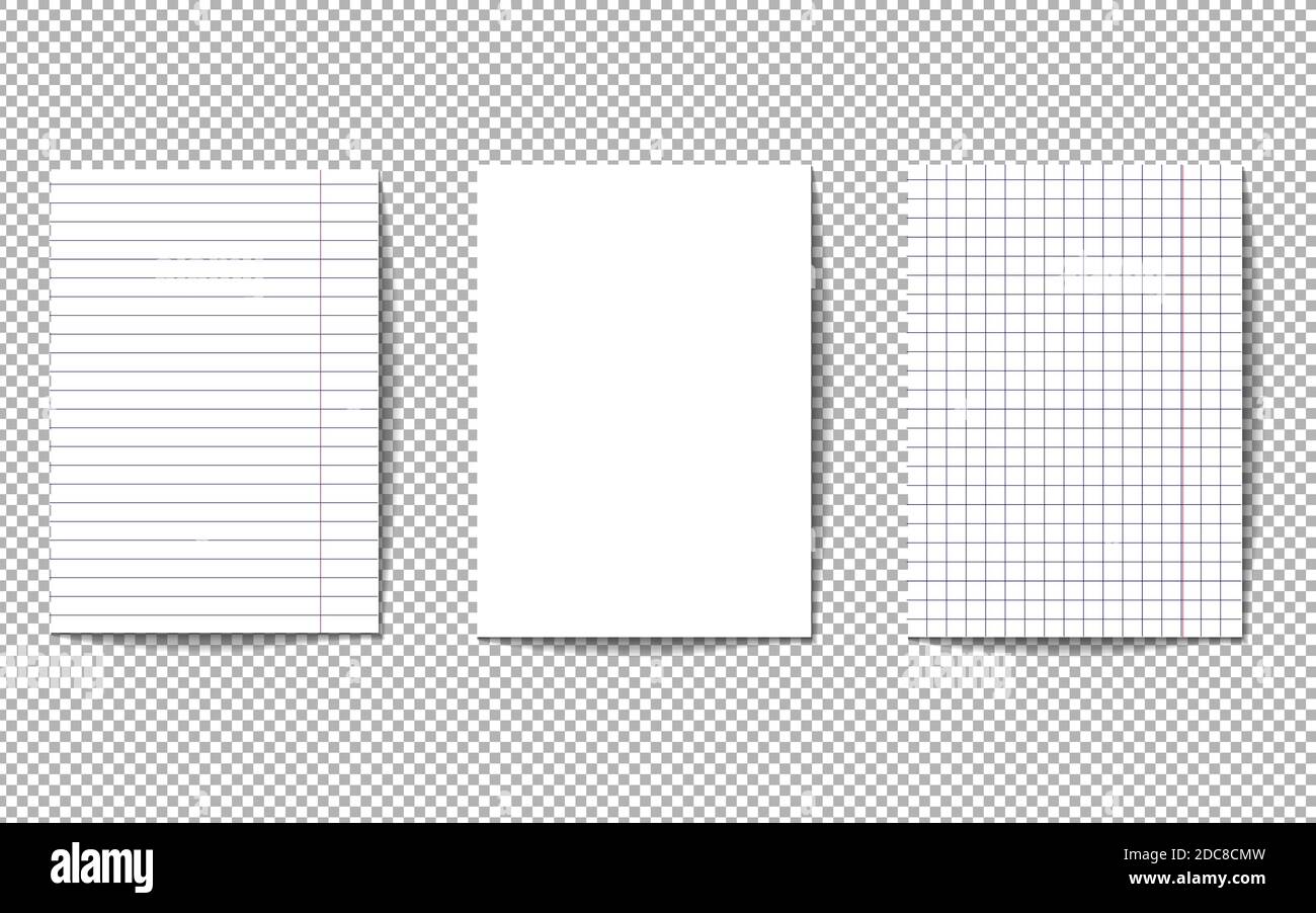 Ensemble de trois pages d'un bloc-notes. Les feuilles de papier sont blanches, carrées et en ligne. Feuilles blanches vierges isolées sur fond transparent. École non Illustration de Vecteur