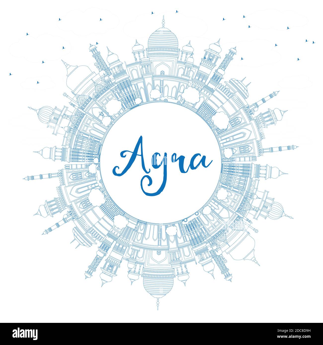 Outline Agra India City Skyline avec Blue Buildings et Copy Space. Illustration vectorielle. Illustration de Vecteur