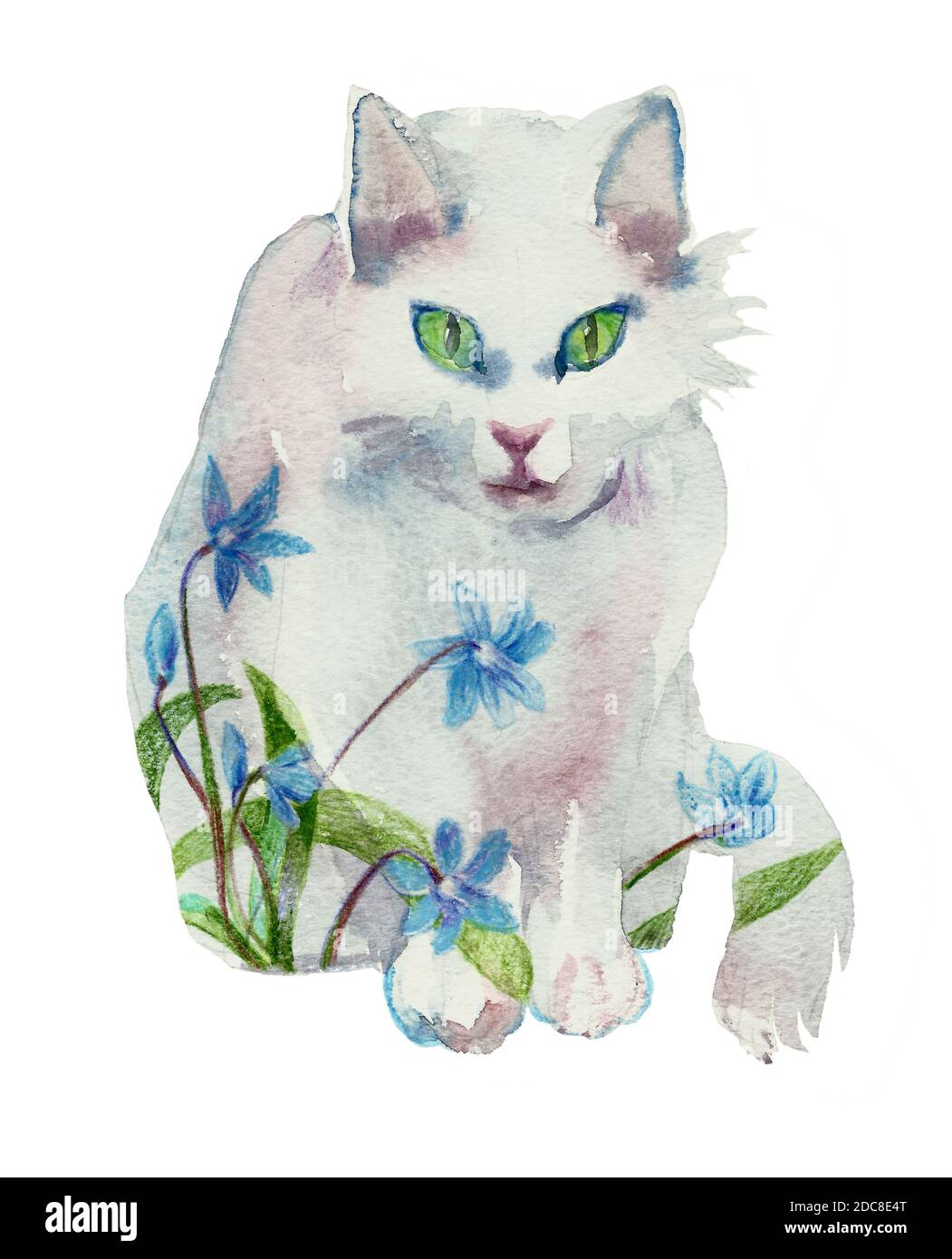 white aquarelle spring cat concept original animal illustration isolée sur arrière-plan blanc Banque D'Images