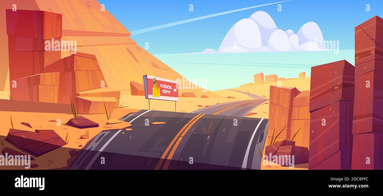 Route et panneau d'affichage dans le désert avec des rochers rouges. Vecteur paysage de dessin animé de sable chaud désert avec autoroute tour, bannière publicitaire avec bouteille de bière et orange montagnes Illustration de Vecteur