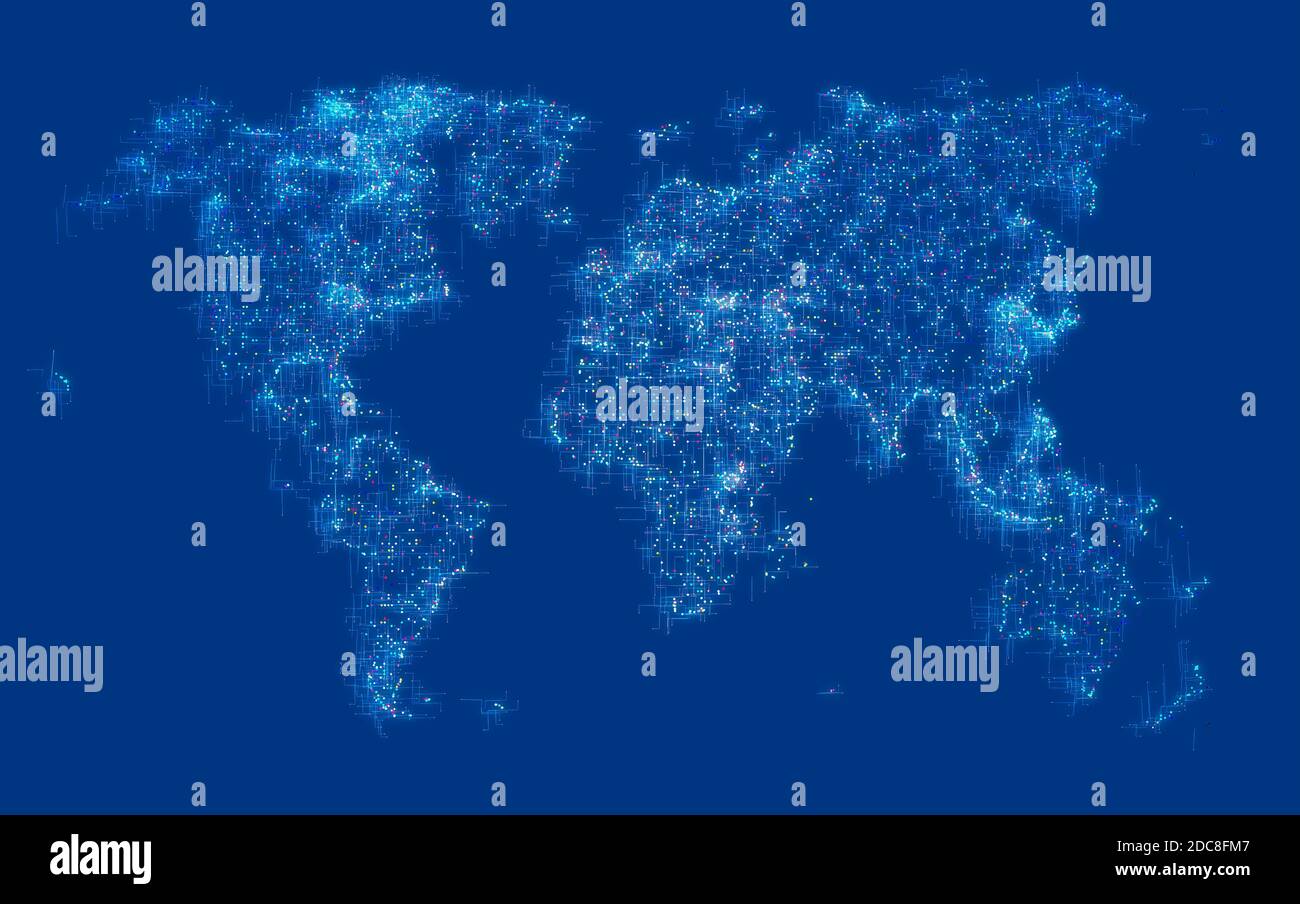 Carte du monde numérique, connexions et liens, Internet et vitesse. Particules. Planisphère. Le monde des réseaux sociaux et des influenceurs. Affaires et en ligne Banque D'Images