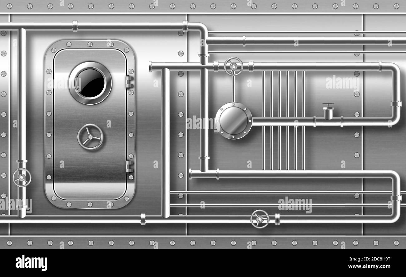 Porte en métal avec hublot sur mur avec tuyaux, vannes et rivets. Bunker à proximité de l'entrée. Porte étanche en acier de laboratoire avec illuminateur et roue de verrouillage rotative, vecteur 3d réaliste Illustration de Vecteur
