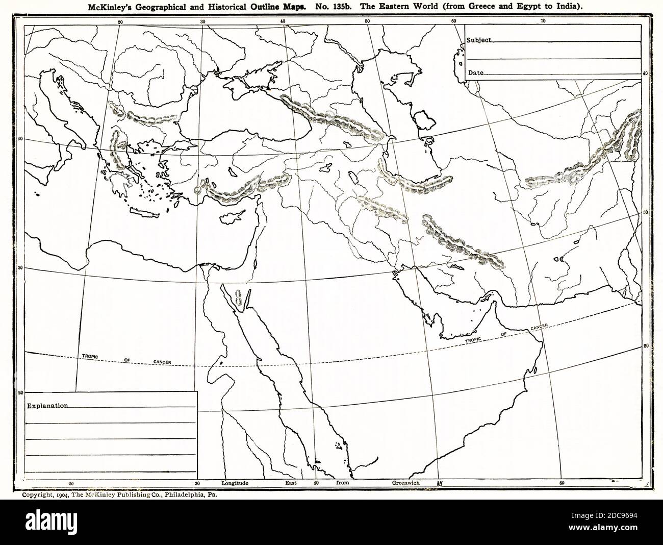 Cette carte géographique et historique montre le monde de l'est, de la Grèce à l'Egypte en passant par l'Inde. Banque D'Images