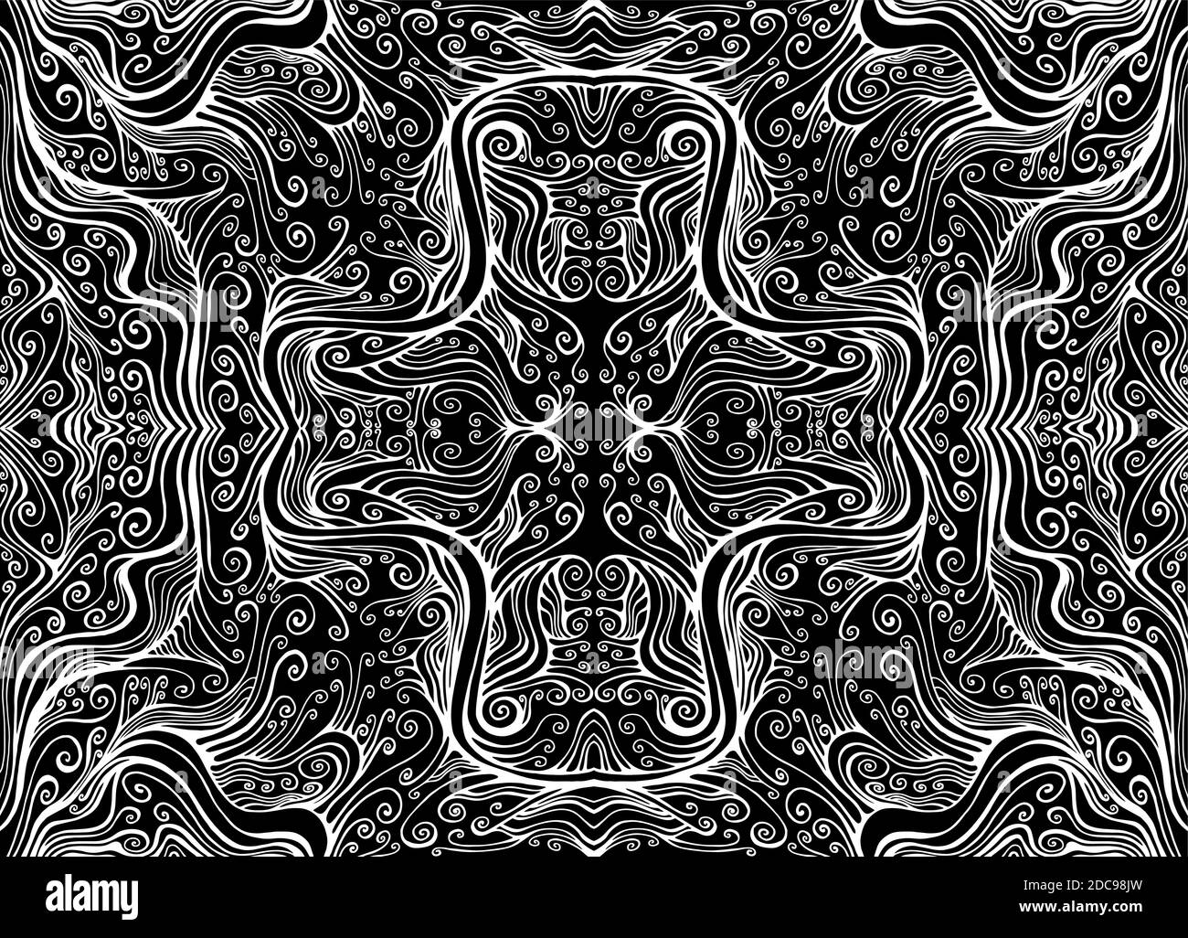 Ligne blanche sur fond noir psychédélique tryppi modèle fractal labyrinthe courbe modèle. Illustration de Vecteur