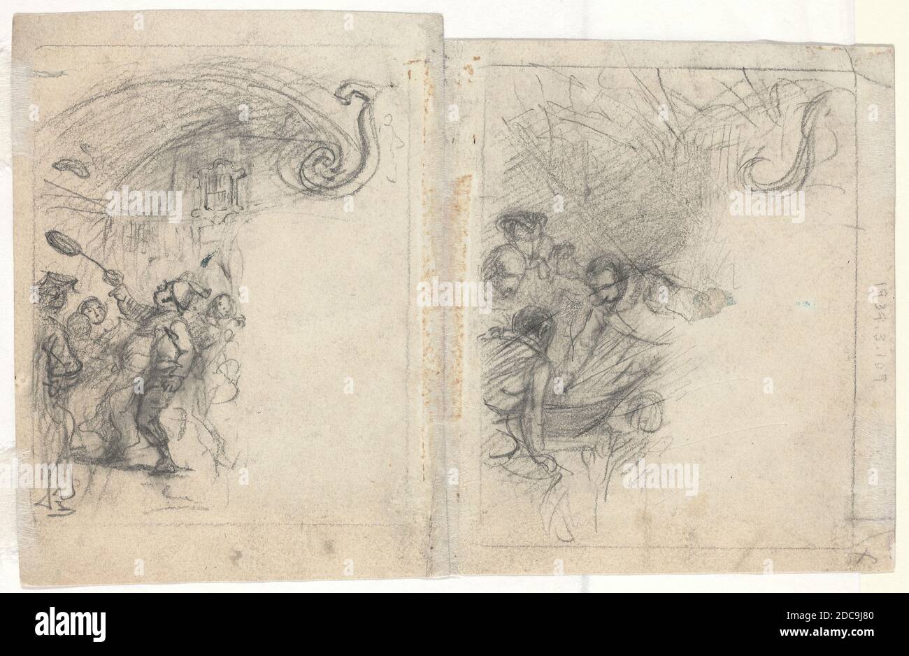 Felix Octavius Carr Darley, (artiste), cuisine américaine, 1822 - 1888, Chef qui lance des crêpes et un groupe de quatre hommes, graphite sur deux feuilles jointes, total (approximatif) : 13.8 x 21.3 cm (5 7/16 x 8 3/8 po Banque D'Images