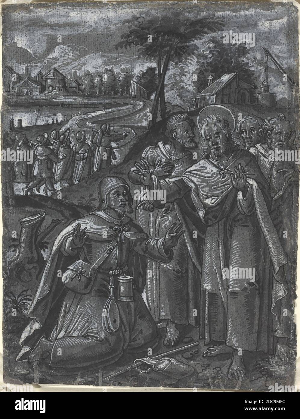 Allemand XVIe siècle, (artiste), Christ contestant avec les médecins, un des 14 dessins sur 8 feuilles de sujets bibliques, (série), c. 1600, stylo et encre noire avec brosse et encre grise et lavage gris rehaussé de blanc sur papier gris préparé, total: 20.8 x 15.5 cm (8 3/16 x 6 1/8 po Banque D'Images