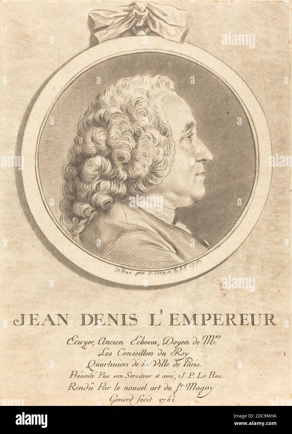 Pierre Gonord, (artiste), français, actif c. 1755 - actif c. 1761, Charles-Nicolas Cochin II, (artiste après), français, 1715 - 1790, Jean Denis l'Empereur, 1761, gravure en crayon sur papier couchée, feuille (découpée dans la marque de plaque) : 18.8 x 13.6 cm (7 3/8 x 5 3/8 po Banque D'Images