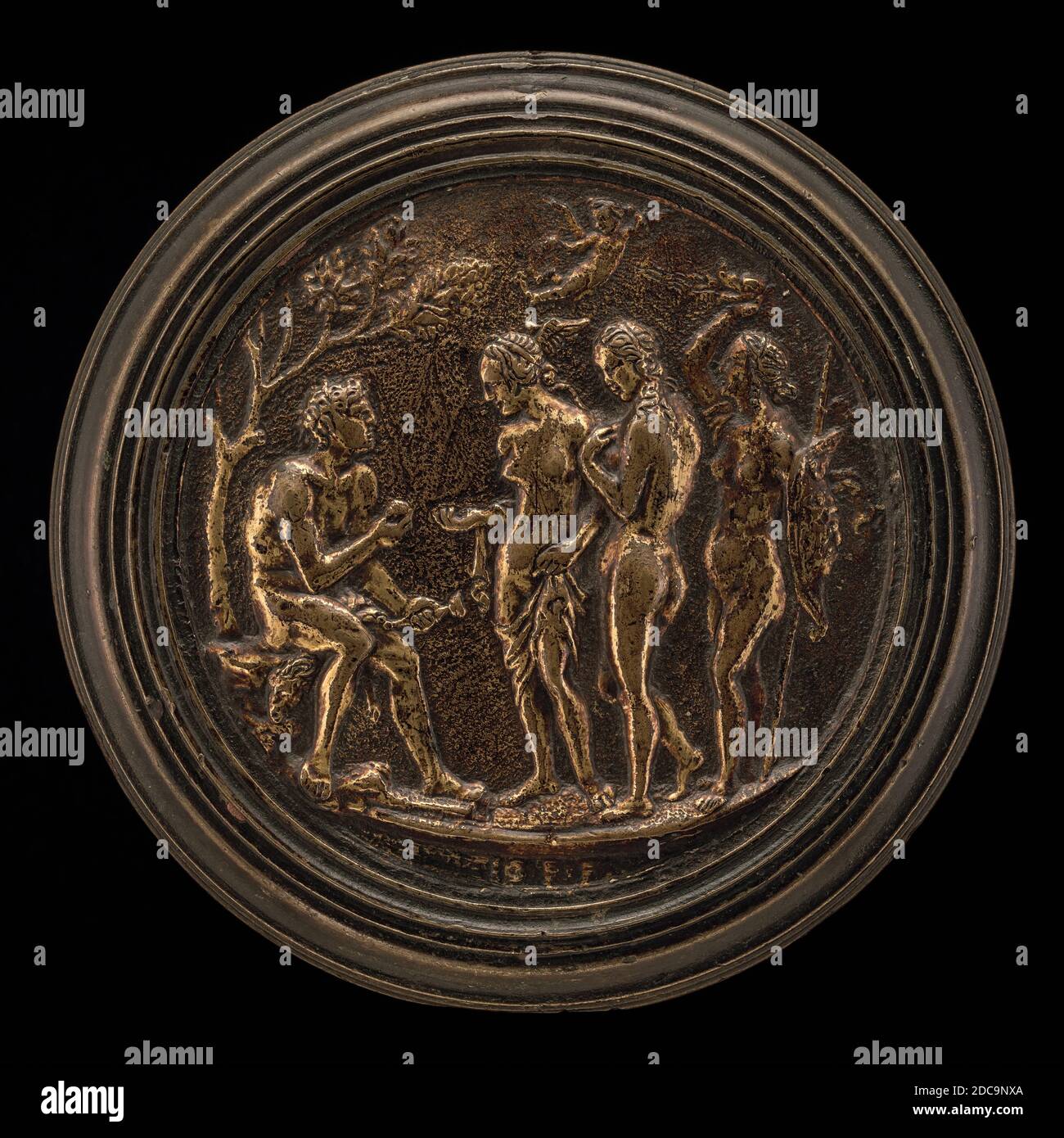 Master IO.F.F., (artiste), Bolognese, active 1468/1484, jugement de Paris, deuxième moitié 15ème siècle, bronze doré, total (diamètre total): 7.12 cm (2 13/16 in.), total (diamètre du champ de composition, à la bordure la plus haute): 5.25 cm (2 1/16 in.), poids brut: 122.16 gr (0.269 lb Banque D'Images