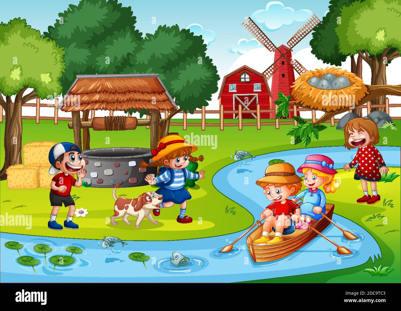 Les enfants sont à la rangée du bateau dans l'illustration de la scène de la ferme de ruisseau Illustration de Vecteur