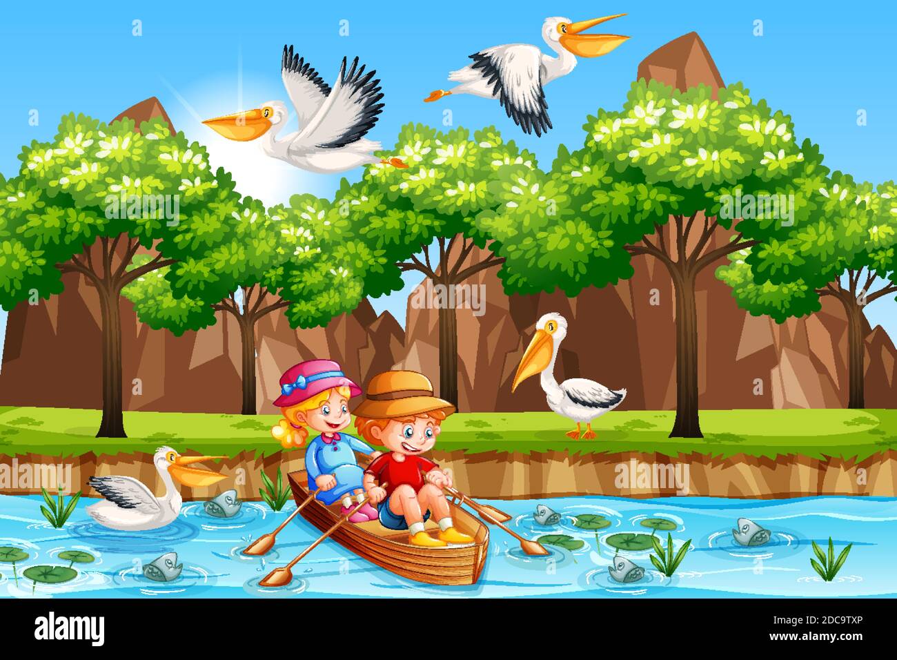 Les enfants sont à la rangée du bateau dans l'illustration de la scène de forêt fluviale Illustration de Vecteur