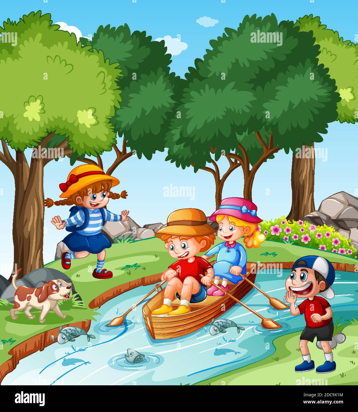 Les enfants sont à la rangée du bateau dans l'illustration de la scène du parc de cours d'eau Illustration de Vecteur
