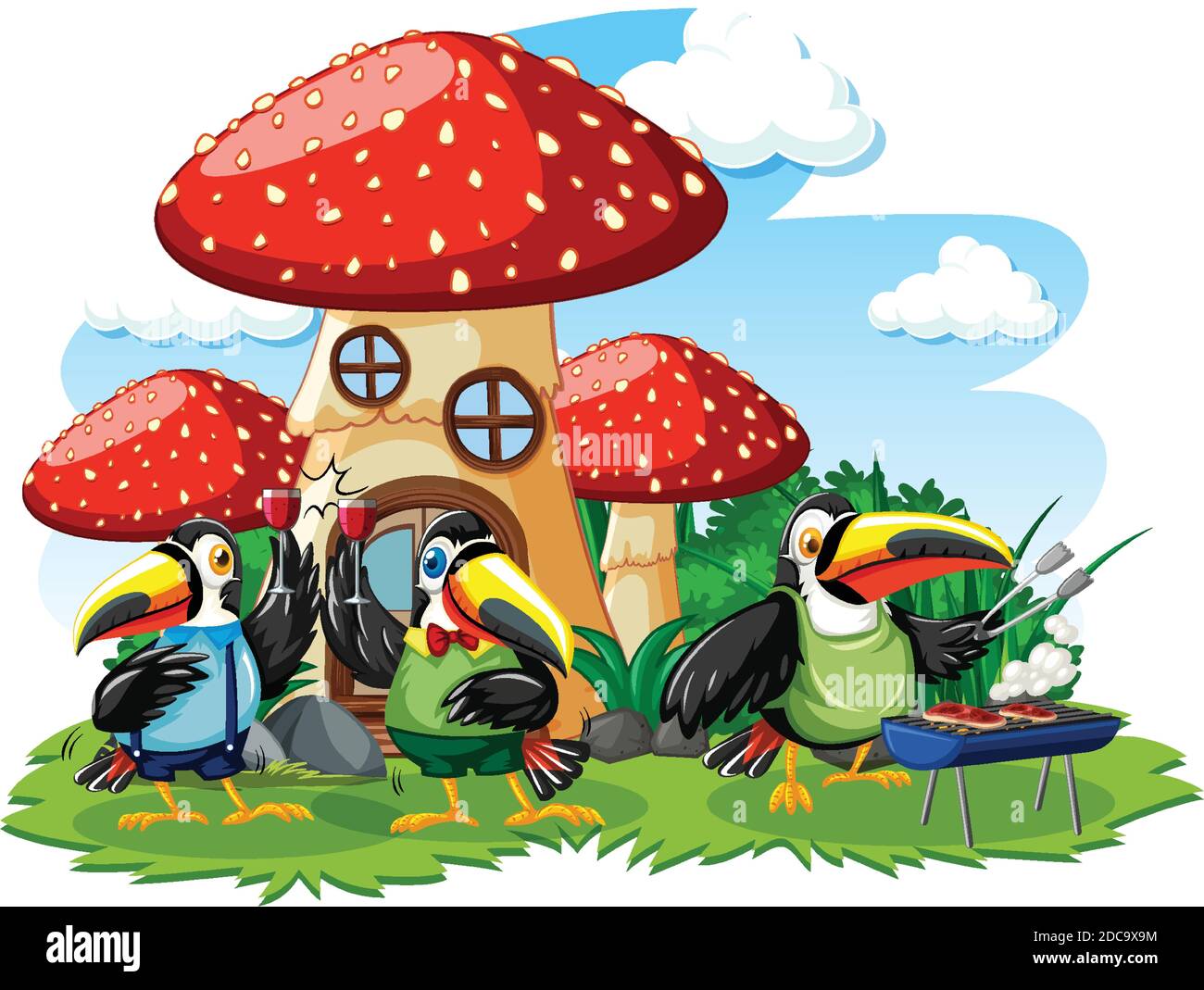 Maison aux champignons avec trois oiseaux de style dessin animé sur fond blanc illustration Illustration de Vecteur