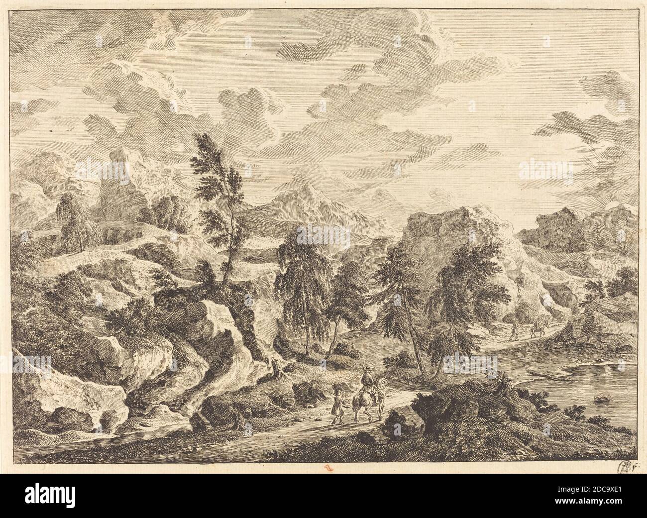 Georg Eisenmann, (artiste), allemand, actif au troisième 18ème siècle dernier, Paysage avec le Soleil levant et un Rider avec préposé, ensemble de six paysages avec des figures et des bâtiments ruraux, (série), gravure Banque D'Images