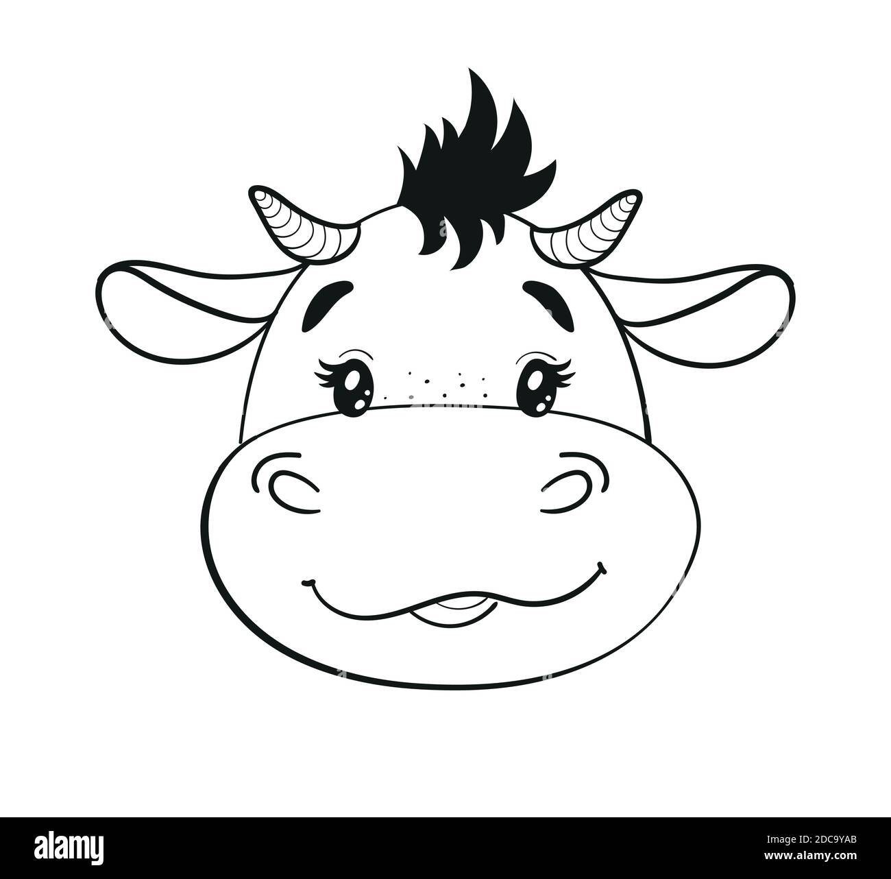 Mignon dessin animé bébé taureau, dessin au trait. Tête de taureau, symbole de 2021, clip-art avec animal sur fond blanc. Illustration du vecteur de stock. Bonne année 2021 de l'Ox, Taurus Illustration de Vecteur