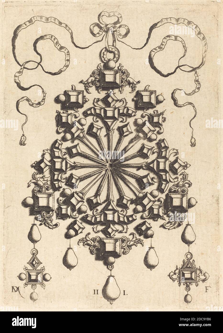 Daniel Mignot, (artiste), allemand, actif 1593/1596, grand pendentif avec étoile au centre, Pendants sous forme de roues, étoiles, et croix, (série), gravure Banque D'Images