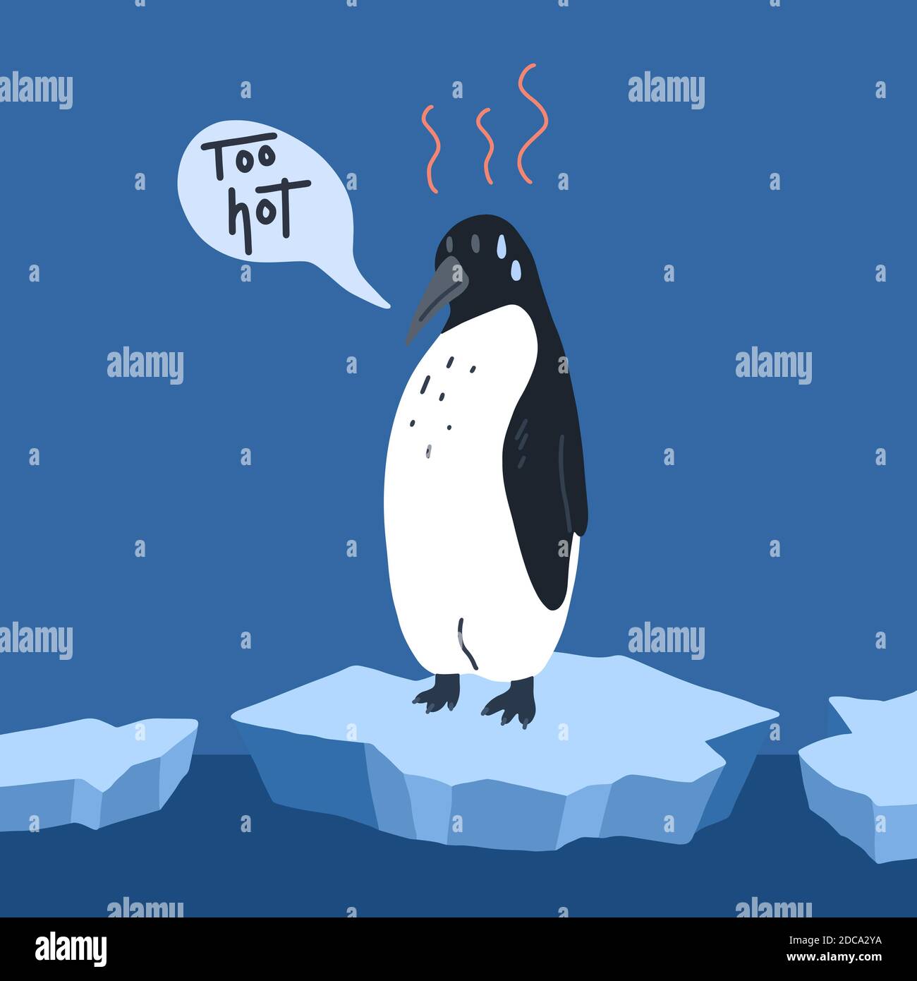 Réchauffement de la planète. Dessin animé Doodle illustration d'un triste pingouin sur la fonte de la glace avec la bulle de la parole. Trop chaud. Problème mondial avec l'appel à l'action. La menace Illustration de Vecteur