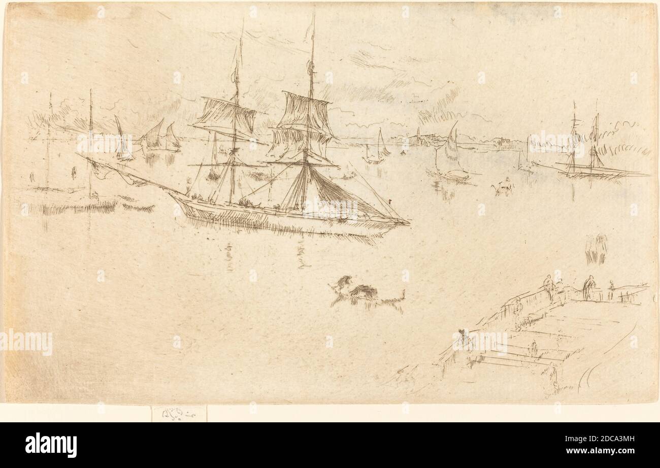 James McNeill Whistler, (artiste), américain, 1834 - 1903, lagune: Midi, Venise, série des vingt-six Etchings, (série), 1879/1880, gravure, plaque: 12.38 x 20.32 cm (4 7/8 x 8 po), feuille (avec languette avec signature): 13.34 x 20.32 cm (5 1/4 x 8 po Banque D'Images