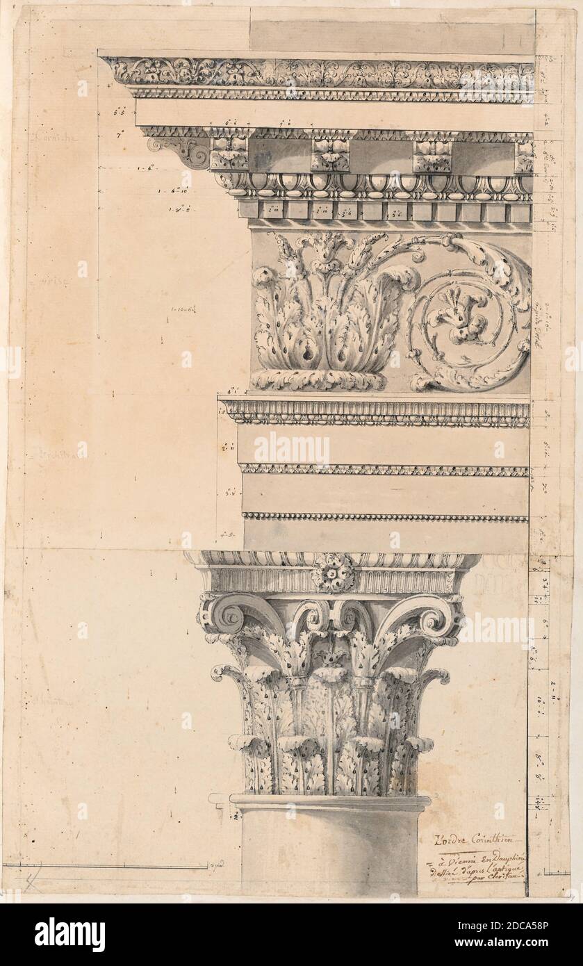 Charles Louis Clérisseau, (artiste), français, 1722 - 1820, l'ordre Corinthian, en 1768 ou avant, stylo et encre grise et gris délavé sur graphite sur papier coupi, feuille: 39.5 x 25.3 cm (15 9/16 x 9 15/16 po), taille de page: 42.5 x 27.7 cm (16 3/4 x 10 7/8 po Banque D'Images