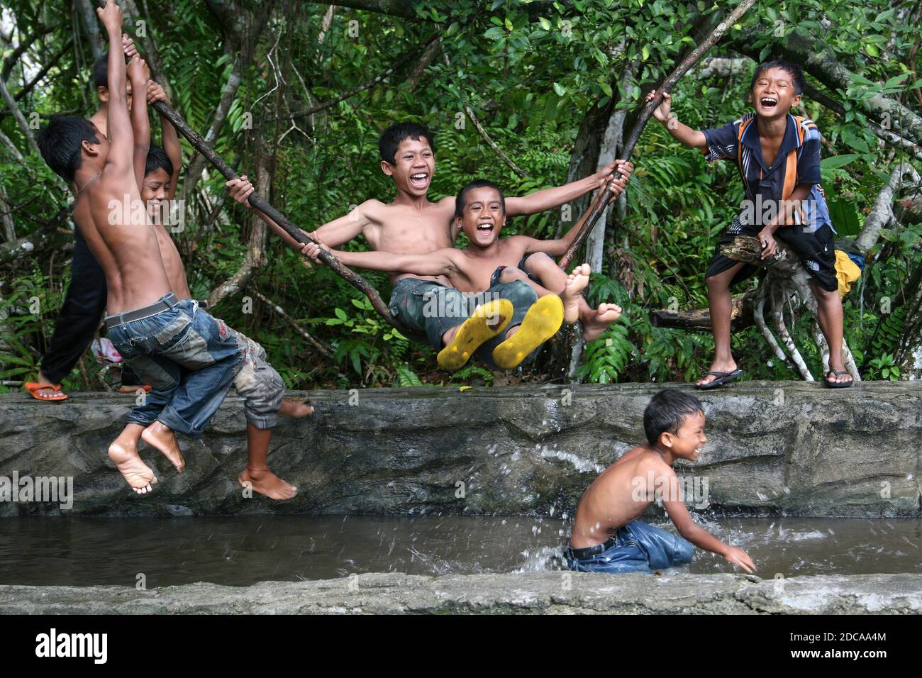 Indonésie garçons balançant sur Liana Vine à Rimbo Panti Hot Springs, Sumatra Banque D'Images