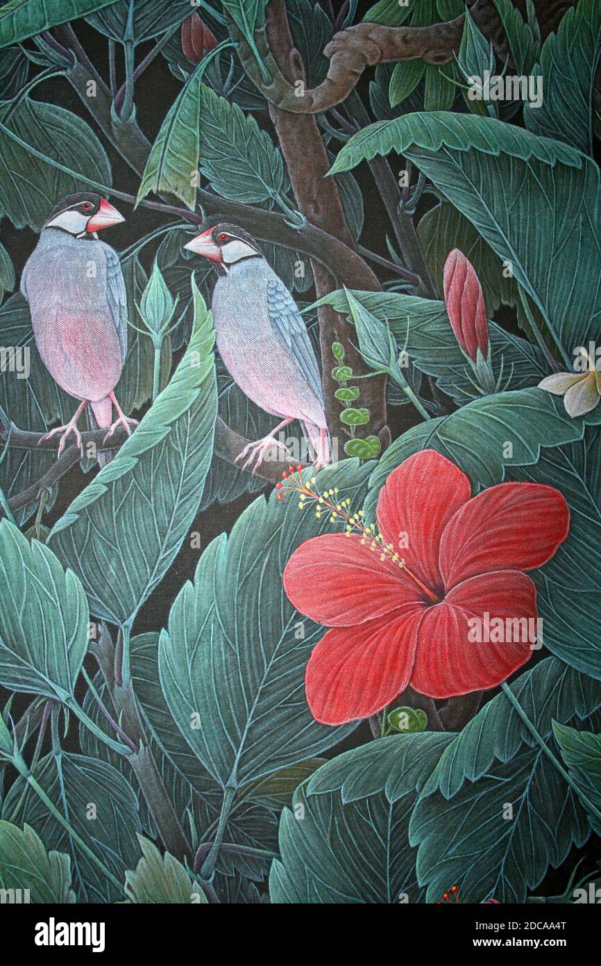 Art indonésien - Bruant Java (Lonchura oryzivora) et Hibiscus rouge Banque D'Images