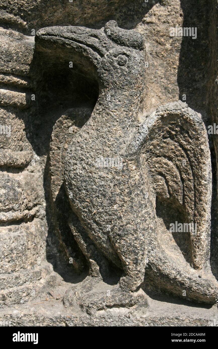 Sculpture de pierre de Hornbill au temple de Prambanan, Banque D'Images