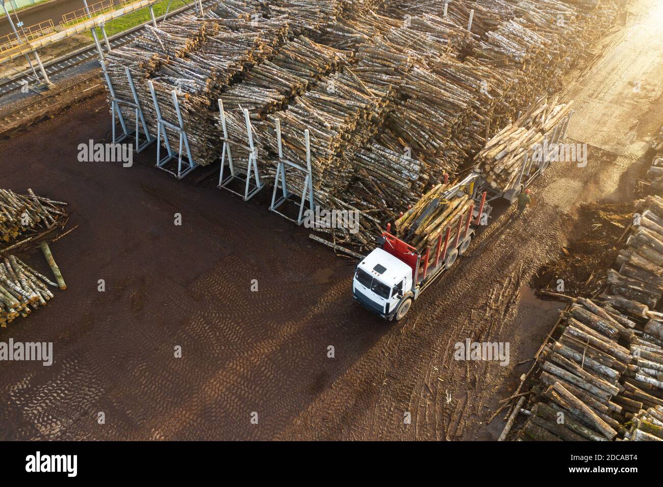 Un camion chargé de grumes dans une usine de traitement du bois. Banque D'Images