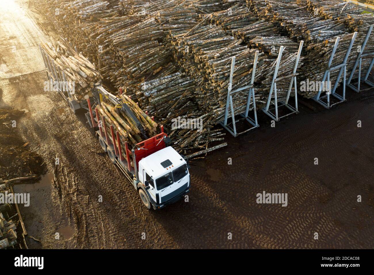 Usine de traitement du bois, vue aérienne. Banque D'Images