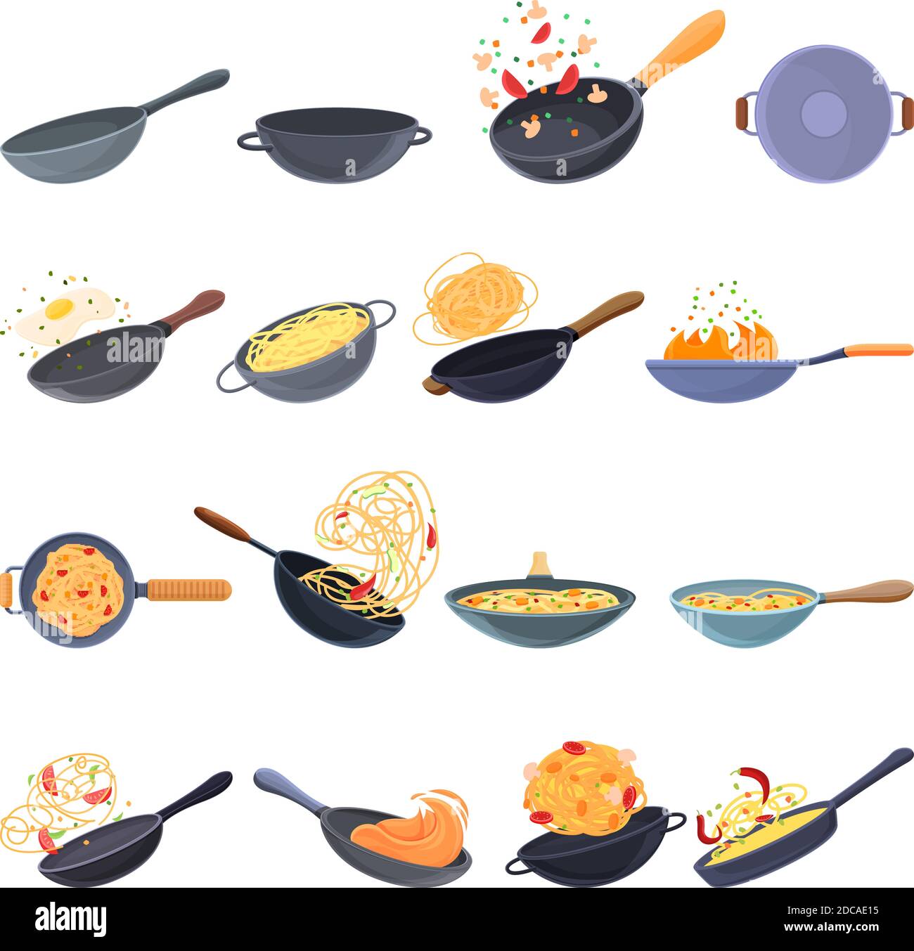 Ensemble d'icônes de poêle wok. Ensemble de dessins animés de wok poêle à frire des icônes vectorielles pour la conception de Web Illustration de Vecteur