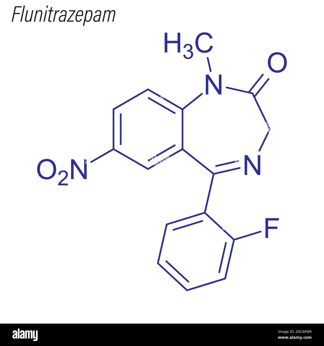 Formule squelettique de flunitrazépam. Molécule chimique de médicament. Illustration de Vecteur