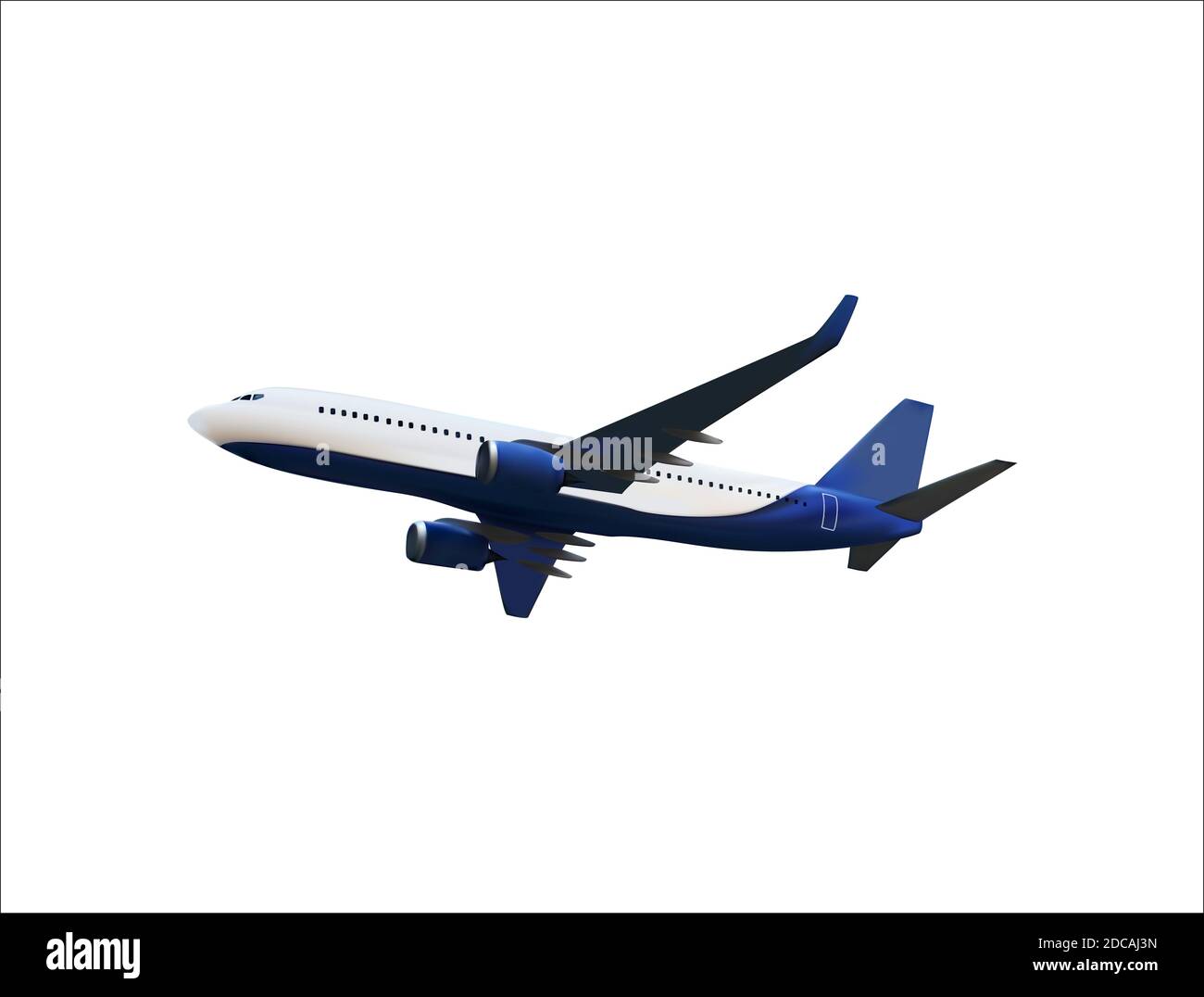Modèle 3D réaliste d'un avion volant dans l'air de couleur blanche et bleue. Illustration. Banque D'Images