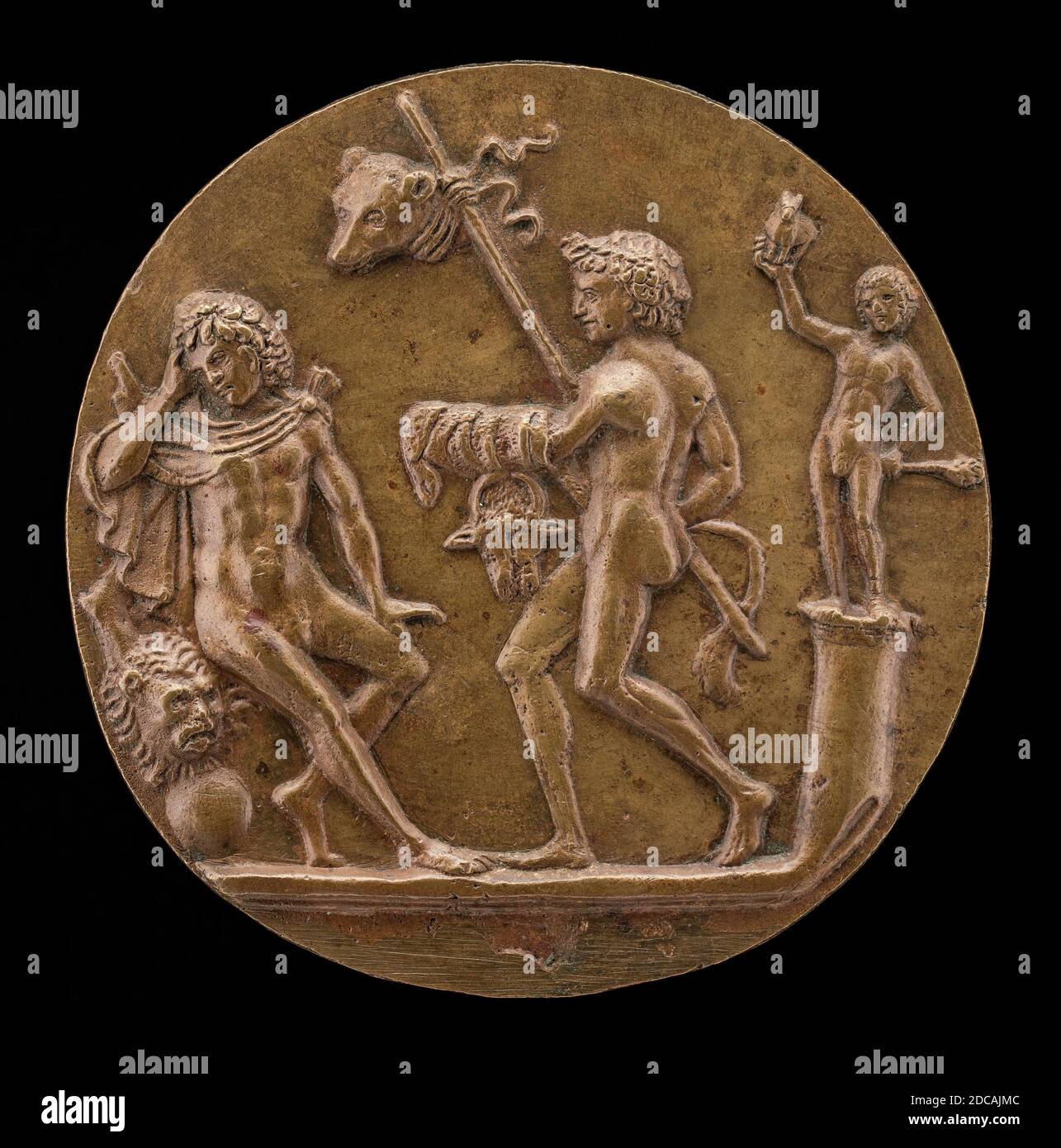 Master IO.F.F., (artiste), Bolognese, active 1468/1484, Hercules (?) Avec chiffres Bacchic, deuxième moitié du XVe siècle, patine bronze/brun clair, diamètre total : 7.08 cm (2 13/16 po.), poids brut : 80.25 gr (0.177 lb Banque D'Images