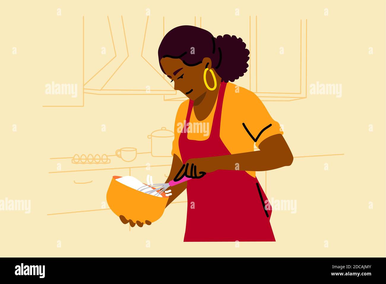 Cuisine, pâtisserie, passe-temps, nourriture, concept de préparation. Jeune femme afro-américaine souriante femme femme maison cuisinière chef vérifier pâte mixte préparation cak Illustration de Vecteur