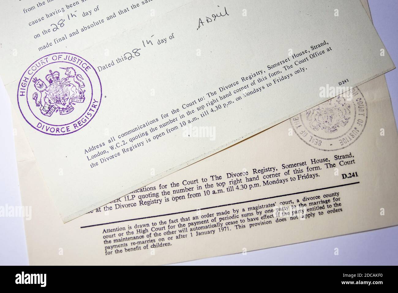 Haute Cour de justice, greffe de divorce, sceau officiel. Documents administratifs. Lettre. The Divorce Registry, Somerset House, Strand, Londres, Royaume-Uni. Référence D.241 Banque D'Images