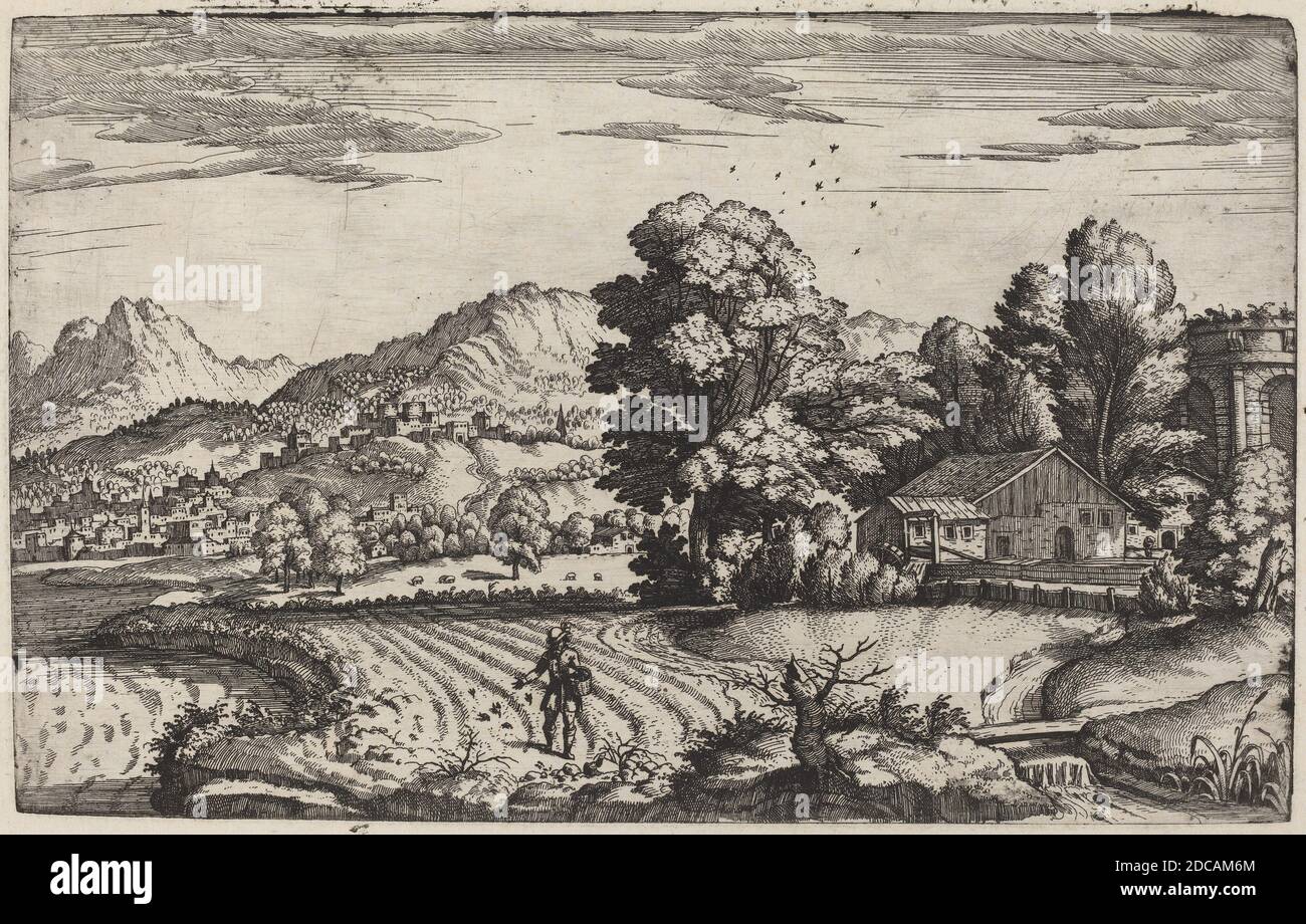Giovanni Battista Fontana, (artiste), Veronese, c. 1524 - 1587, Paysage montagneux avec la parabole de la Sower, paysages représentant la vie et les paraboles du Christ, (série), c. 1572/1573, gravure sur papier déposé, plaque: 18.7 x 30 cm (7 3/8 x 11 13/16 in.), feuille: 25.9 x 34.2 cm (10 3/16 x 13 7/16 in Banque D'Images