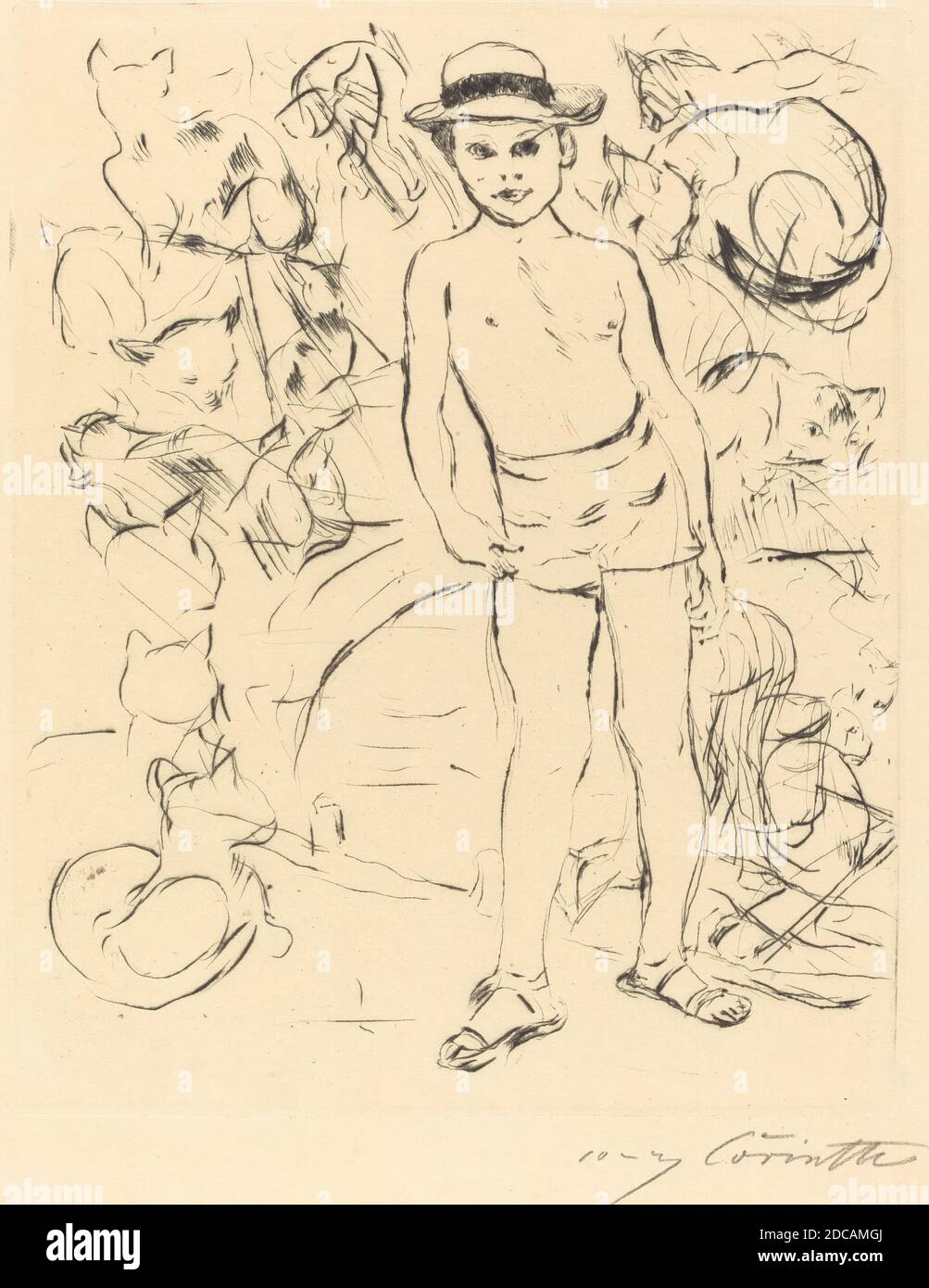 Lovis Corinth, (artiste), allemand, 1858 - 1925, Fritz Gurlitt, (éditeur), allemand, 1854 - 1893, Knabe mit Badehose und Strohhut (Boy Wearing Snach-Trunks and Straw Hat), 1915, point sec en noir sur papier ponté, assiette: 24.5 x 19.8 cm (9 5/8 x 7 13/16 in.), total: 33.1 x 24.4 cm (13 1/16 x 9 5/8 po Banque D'Images