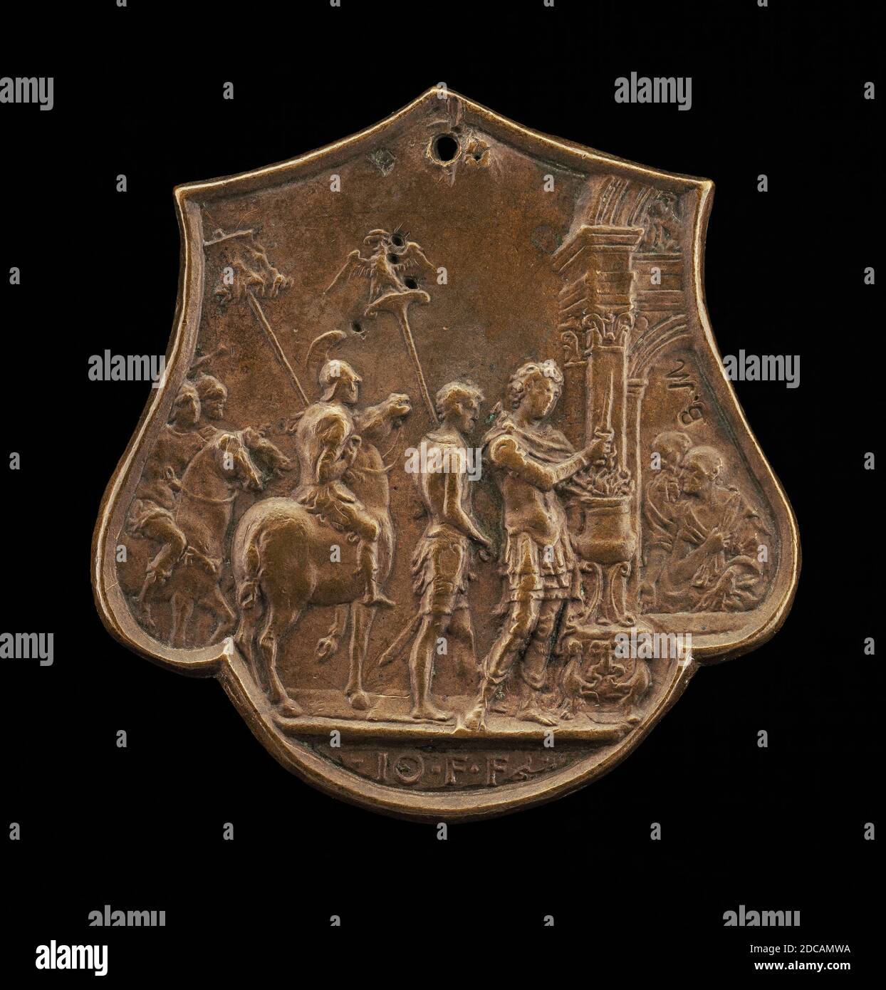 Master IO.F.F., (artiste), Bolognese, active 1468/1484, Mucius Scaevola, deuxième moitié du XVe siècle, patine bronze/brun moyen, hors tout (en forme de bouclier): 6.12 × 5.9 cm (2 7/16 × 2 5/16 in.), poids brut: 37.29 gr (0.082 lb Banque D'Images