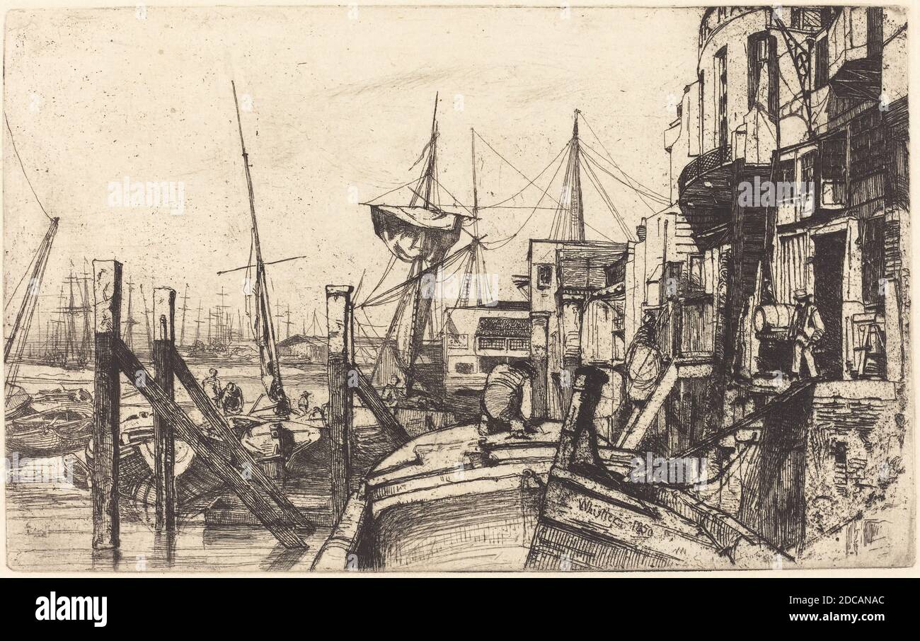 James McNeill Whistler, (artiste), cuisine américaine, 1834 - 1903, Limehouse, Scenes on the Thames, (série), 1859, gravure, plaque : 12.7 x 20.32 cm (5 x 8 po.), feuille : 15.24 x 22.86 cm (6 x 9 po Banque D'Images