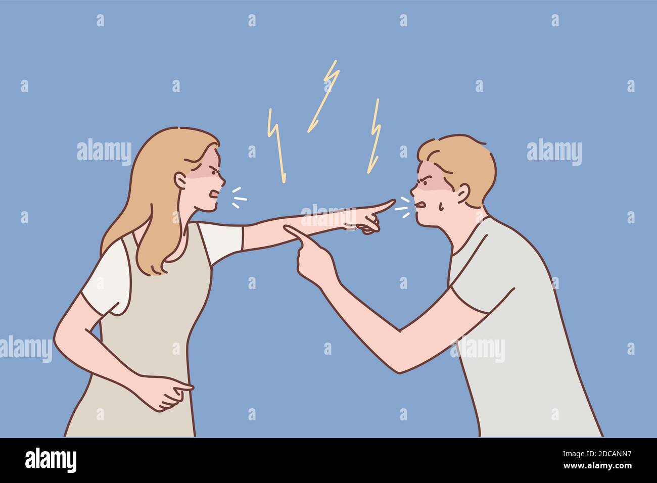 Famille, couple, querelle, divorce, agression, concept de conflit. Jeune homme agressif petit ami et femme petite amie parents hurlant et quereling. C Illustration de Vecteur