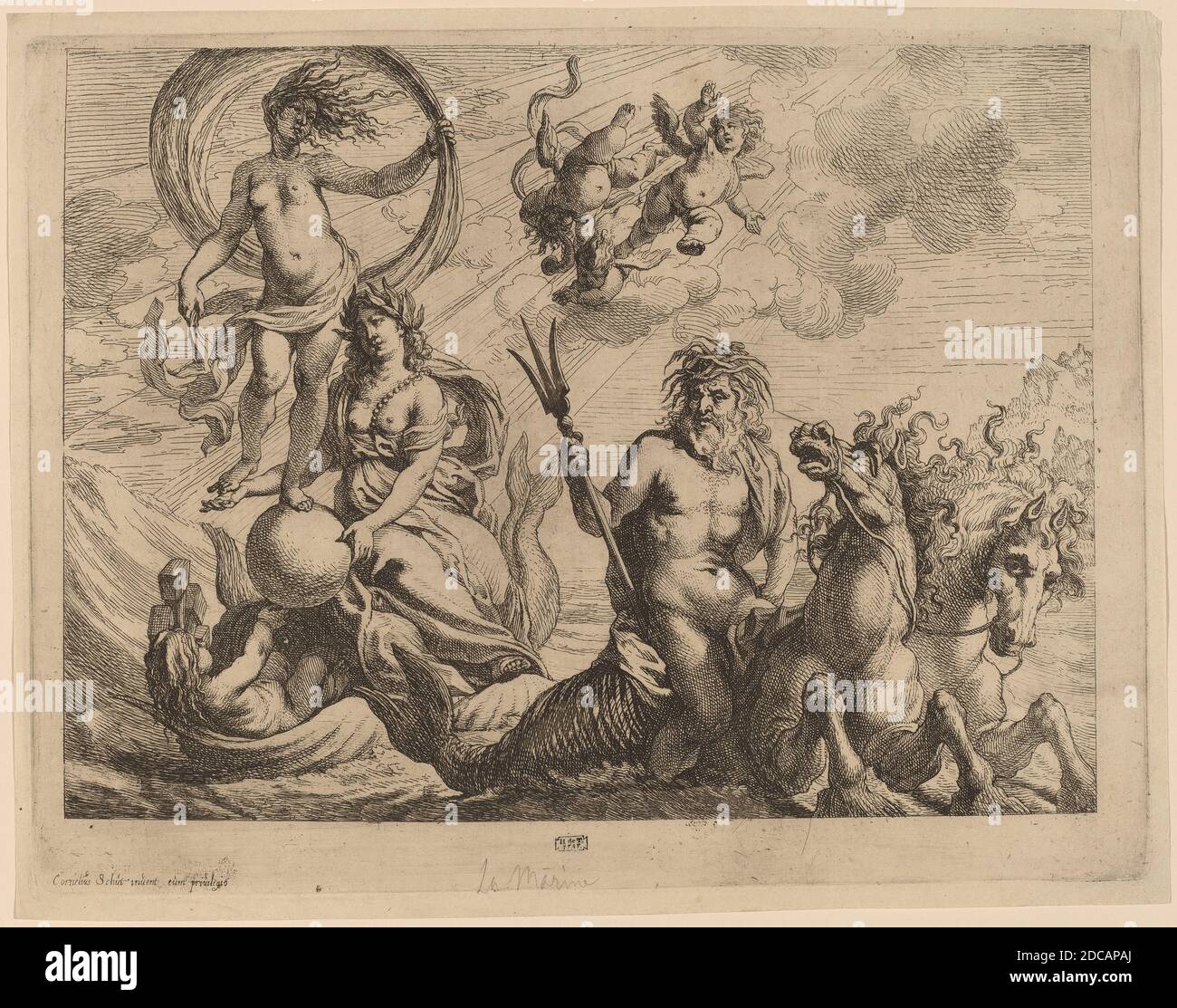 Cornelis Schut I, (artiste), Flamand, 1597 - 1655, Neptune avec deux chevaux sur la mer, gravure, plaque: 24.7 x 32.1 cm (9 3/4 x 12 5/8 in.), feuille: 26.1 x 33.2 cm (10 1/4 x 13 1/16 in Banque D'Images