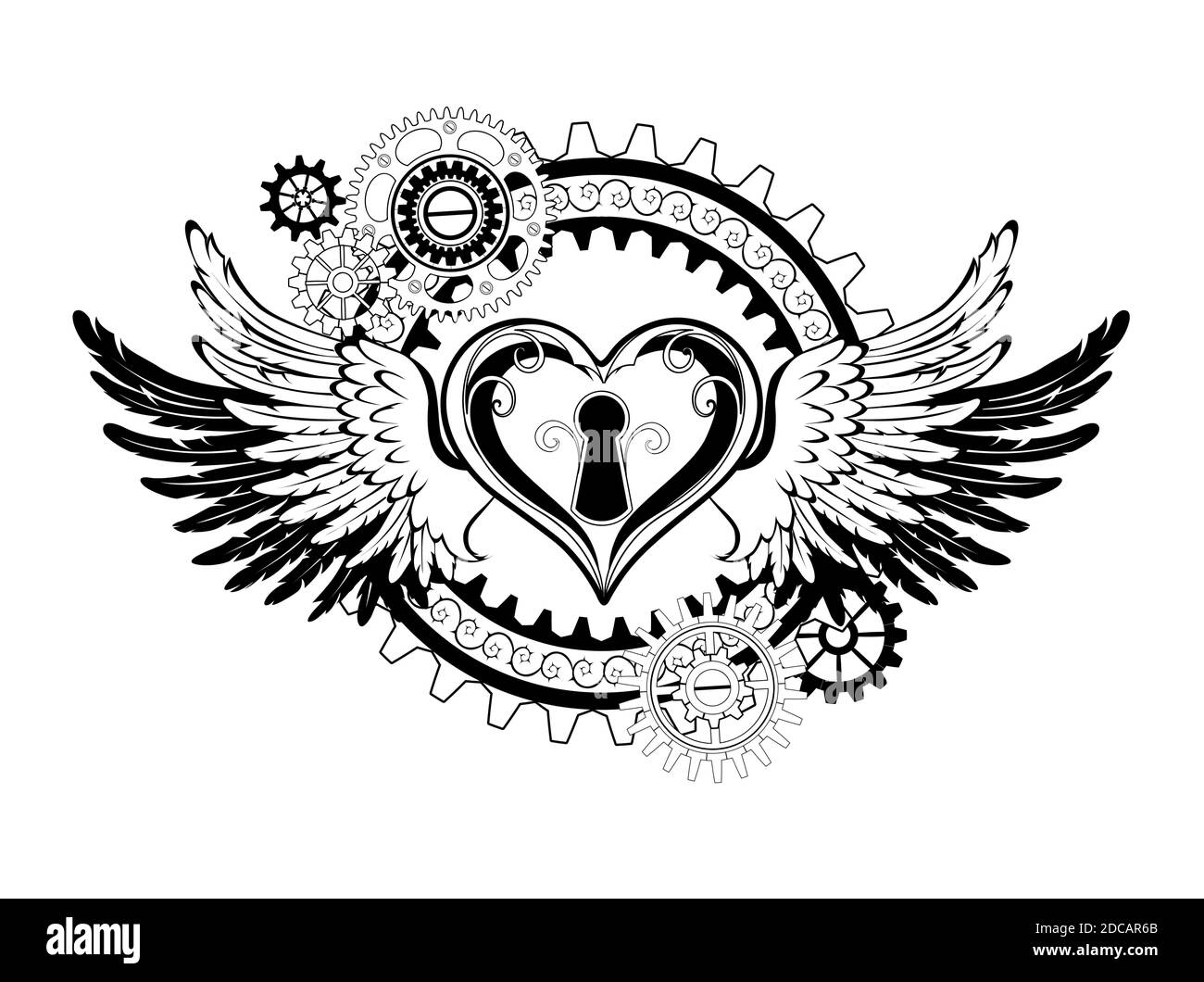 Contour, verrouillage mécanique en forme de coeur avec des engrenages, décoré avec des ailes sur fond blanc. Style steampunk. Illustration de Vecteur
