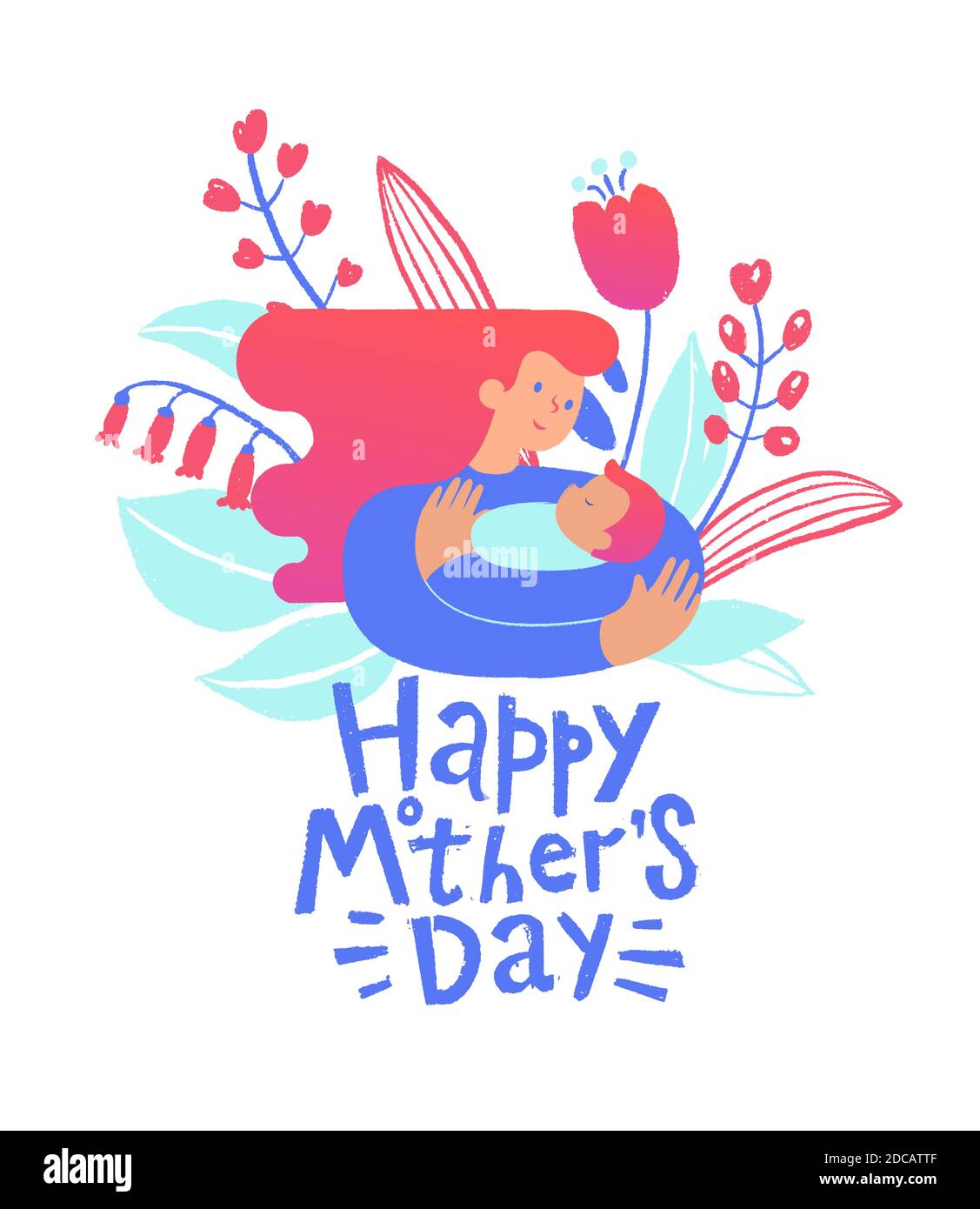 Illustration vectorielle de la mère tenant bébé nouveau-né dans les bras. Fleurs et feuilles en arrière-plan. Carte de vœux de fête des mères sur bleu. Illustration de Vecteur