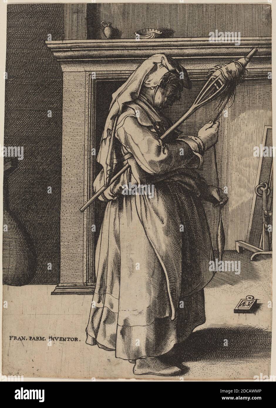 ENEA Vico, (artiste), Italien, 1523 - 1567, Parmigianino, (artiste après), Parmese, 1503 - 1540, ancienne femme avec une Distaff, gravure Banque D'Images