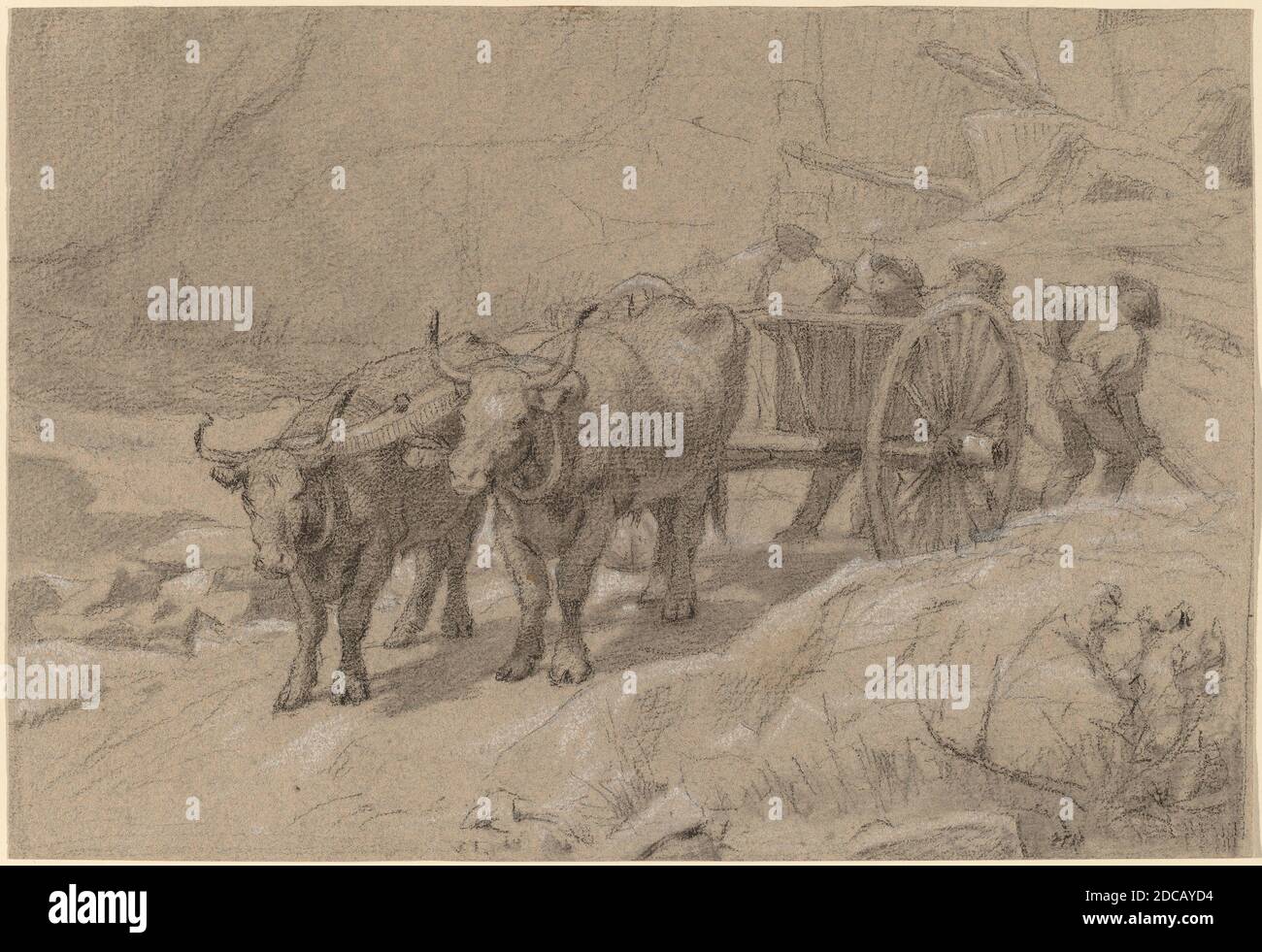 Edwin Forbes, (artiste), américain, 1839 - 1895, Oxen et chariot à benne basculante, années 1860 ou 1870, graphite et crayon noir avec craie blanche sur papier vélin gris, feuille: 17.1 × 24.9 cm (6 3/4 × 9 13/16 po Banque D'Images