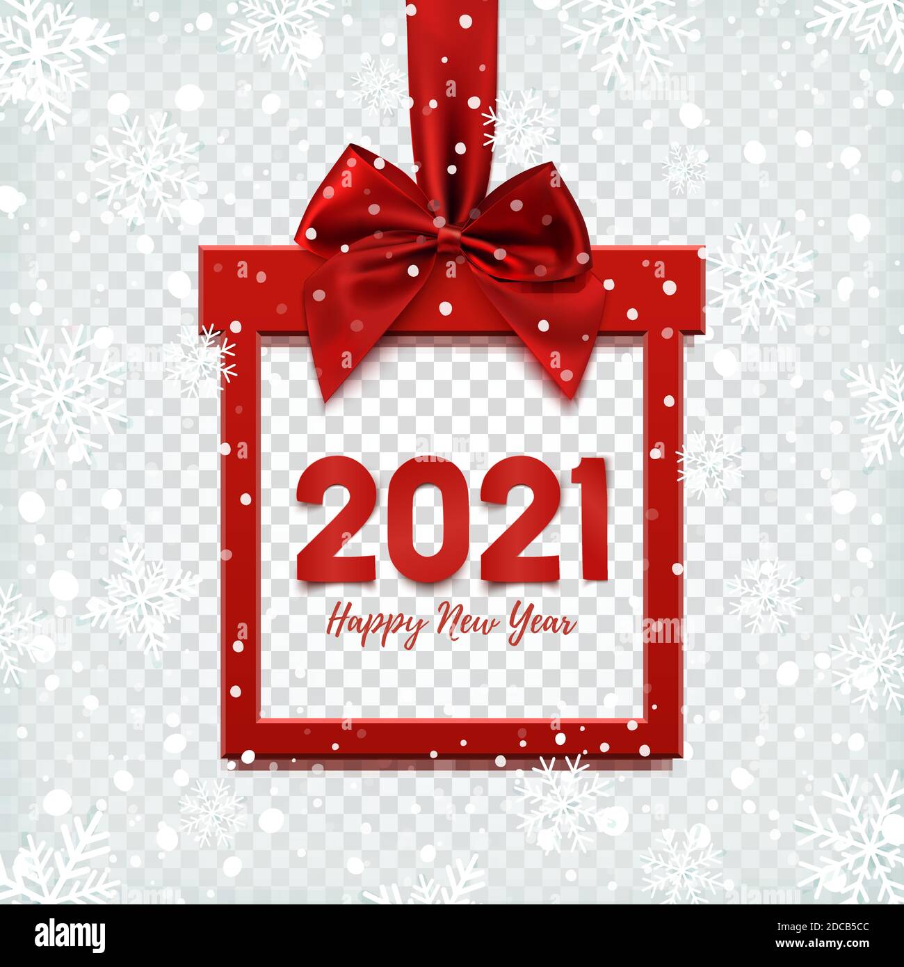 Joyeux nouvel an 2021 fond, bannière carrée en forme de cadeau de Noël avec ruban rouge et noeud. Illustration de Vecteur