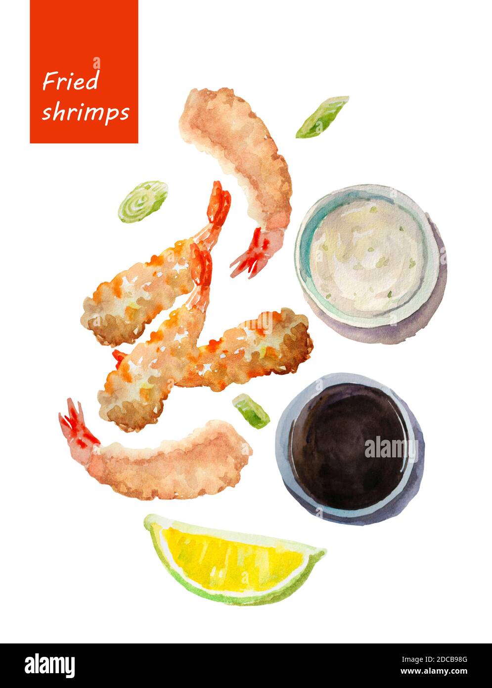 Illustration aquarelle d'un plateau de crevettes frites ou de crevettes popcorn. Fruits de mer frais peints à la main avec deux bols à sauce et un segment de citron vert, isolés Banque D'Images