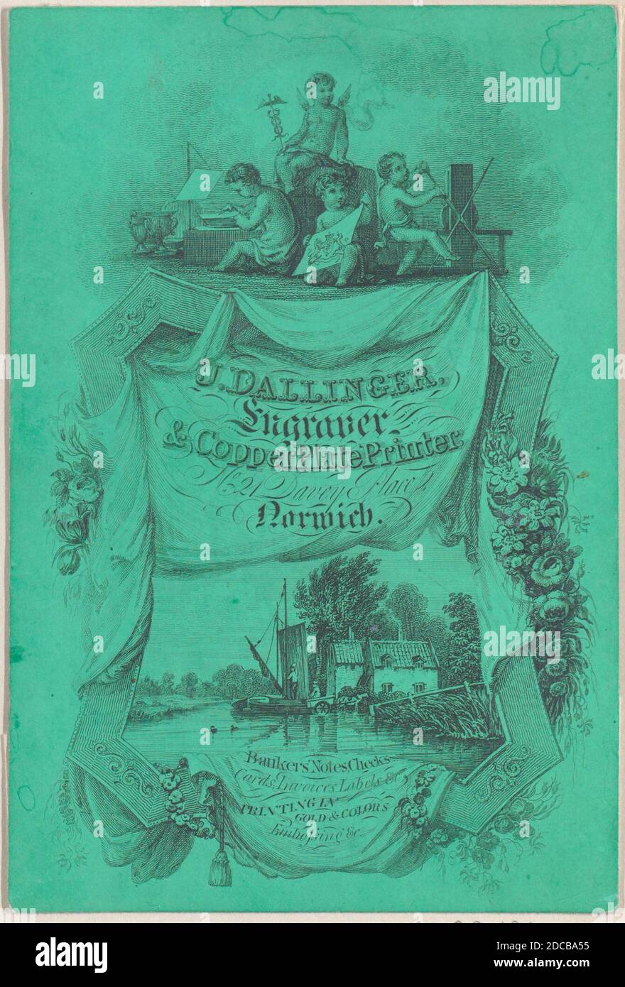 Carte de commerce pour J. Dallinger, Engraver et imprimante de plaques de cuivre, 19e siècle. Banque D'Images