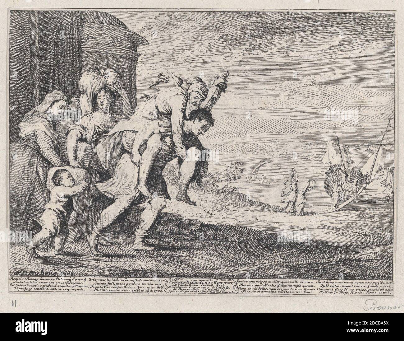 Aeneas fuyant Troy, avec un groupe de six personnages quittant la ville à gauche, Aeneas portant son père Anchises sur son dos, suivi de sa femme Creusa et de son fils Ascanius, deux serviteurs à l'extrême gauche, 1728. Banque D'Images