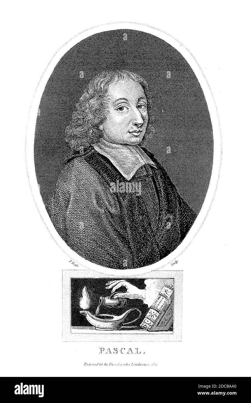 Blaise Pascal (19 juin 1623 – 19 août 1662) est un mathématicien, physicien, inventeur, philosophe, écrivain et théologien catholique français. Il était un enfant prodige qui a été éduqué par son père, un collectionneur d'impôt à Rouen. Le premier travail mathématique de Pascal portait sur les sections coniques; il a écrit un traité significatif sur le sujet de la géométrie projective à l'âge de 16 ans. Il a ensuite correspondu avec Pierre de Fermat sur la théorie de la probabilité, influençant fortement le développement de l'économie moderne et des sciences sociales. En 1642, alors qu'il était encore adolescent, il a commencé un travail de pionnier sur le calcul du mac Banque D'Images