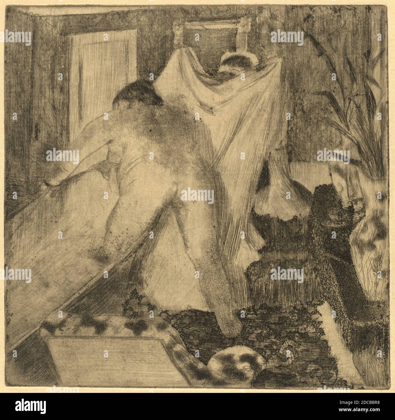 Edgar Degas, (artiste), français, 1834 - 1917, quittant le bain (la sortie du bain), c. 1879/1880, crayon électrique, gravure, point sec et aquatint, feuille : 27 x 17 cm (10 5/8 x 6 11/16 po Banque D'Images